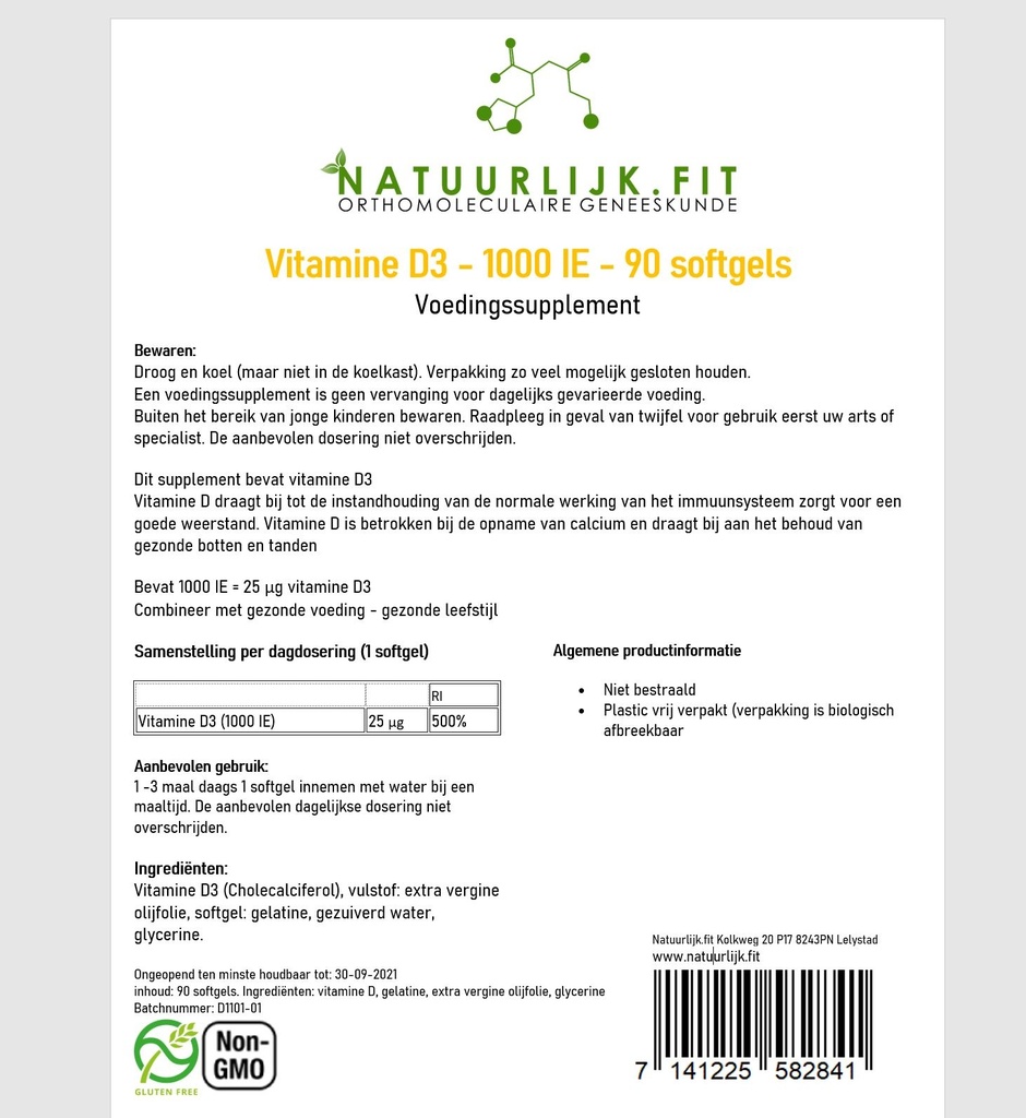 [7141225582841] Vitamine D3 1000IE 90 softgels